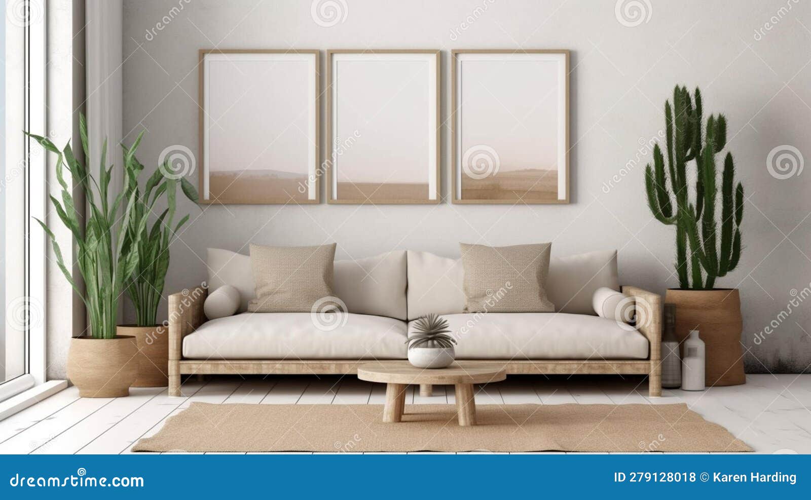 empty 3 piece picture frame mockup in stylish loungeroom