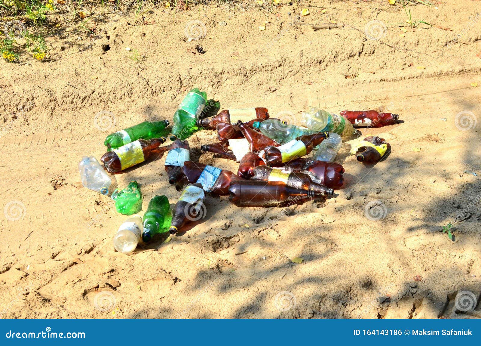 Empty Plastic Bottles of Beer and Drinks, People Throw on the Ground. Environmental Pollution