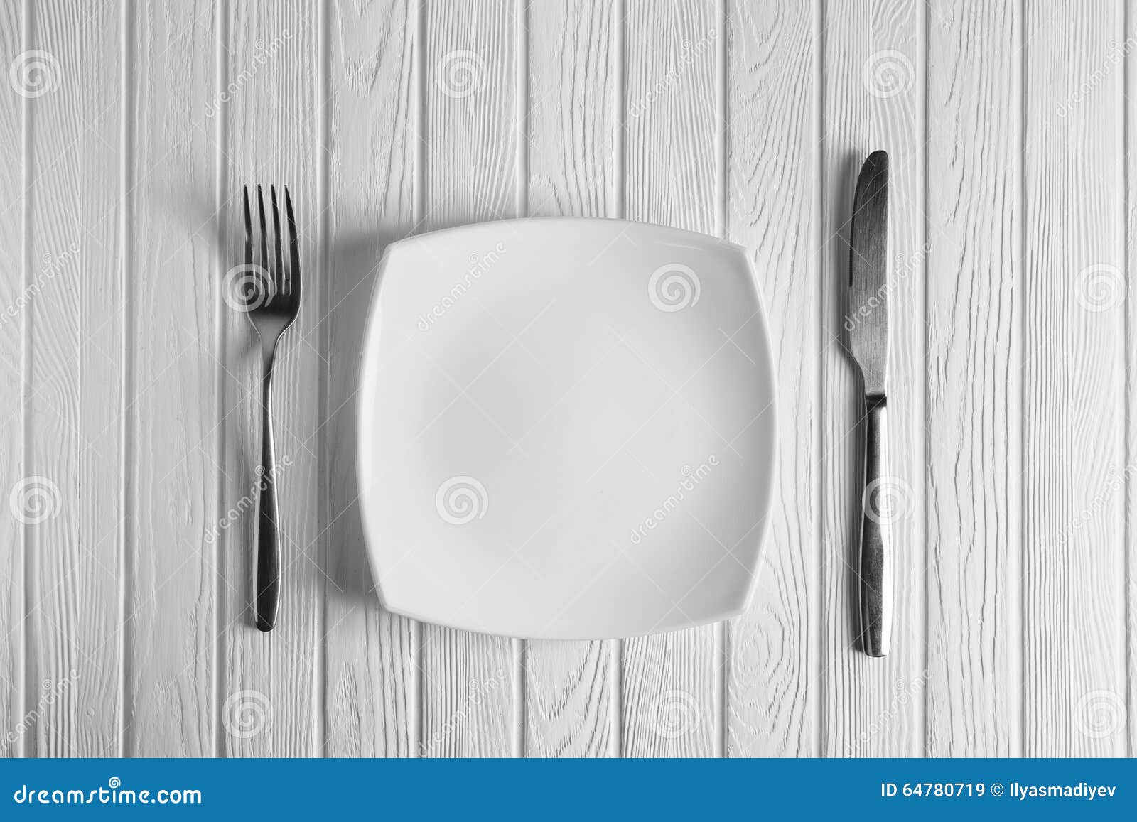 Empty Plate, Fork and Knife on Wood Background Stock Image Image of