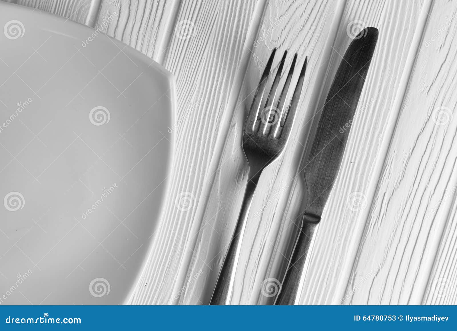 Empty Plate, Fork and Knife on Wood Background Stock Image Image of