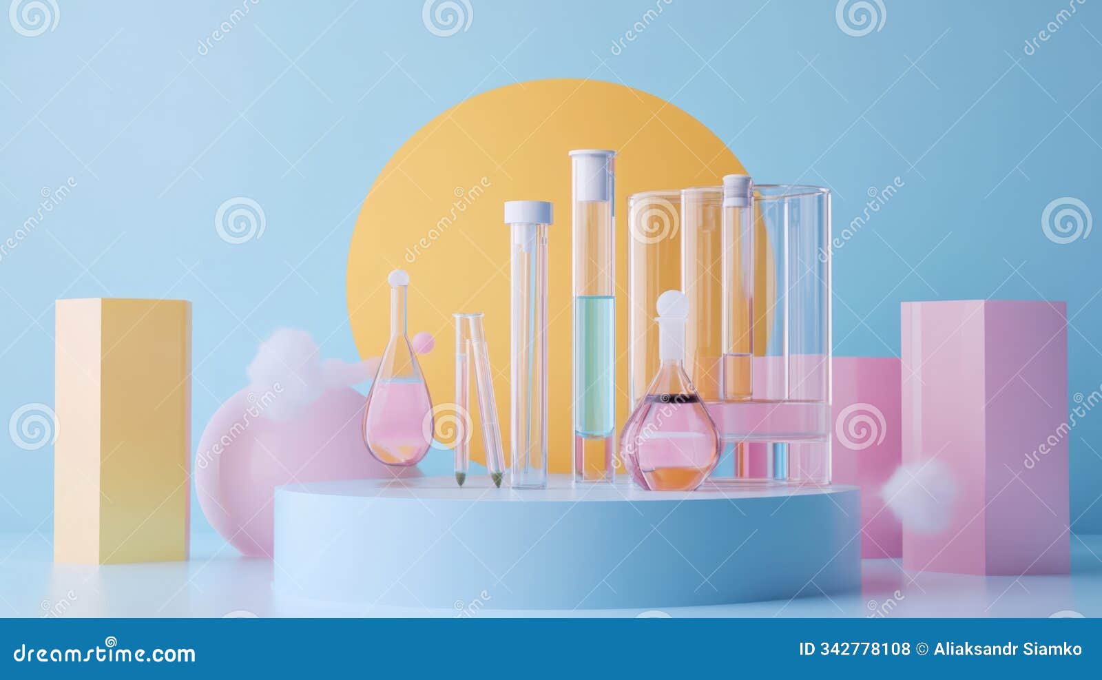 empty podium with geometric glass setup test tubes and scientific lab tools research and cosmetic development concept