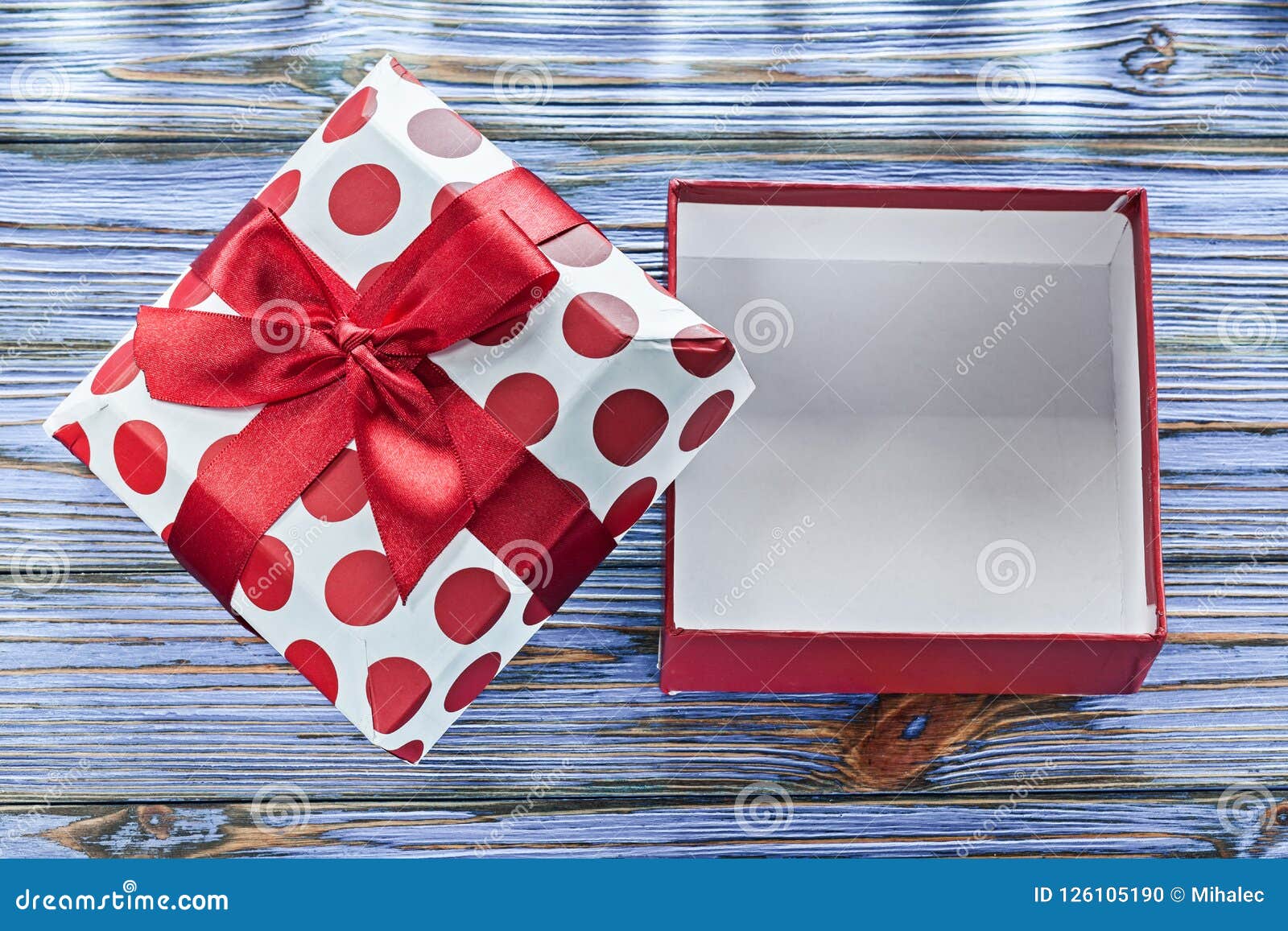 Empty Present Box with Bow on Vintage Wooden Board Stock Photo - Image
