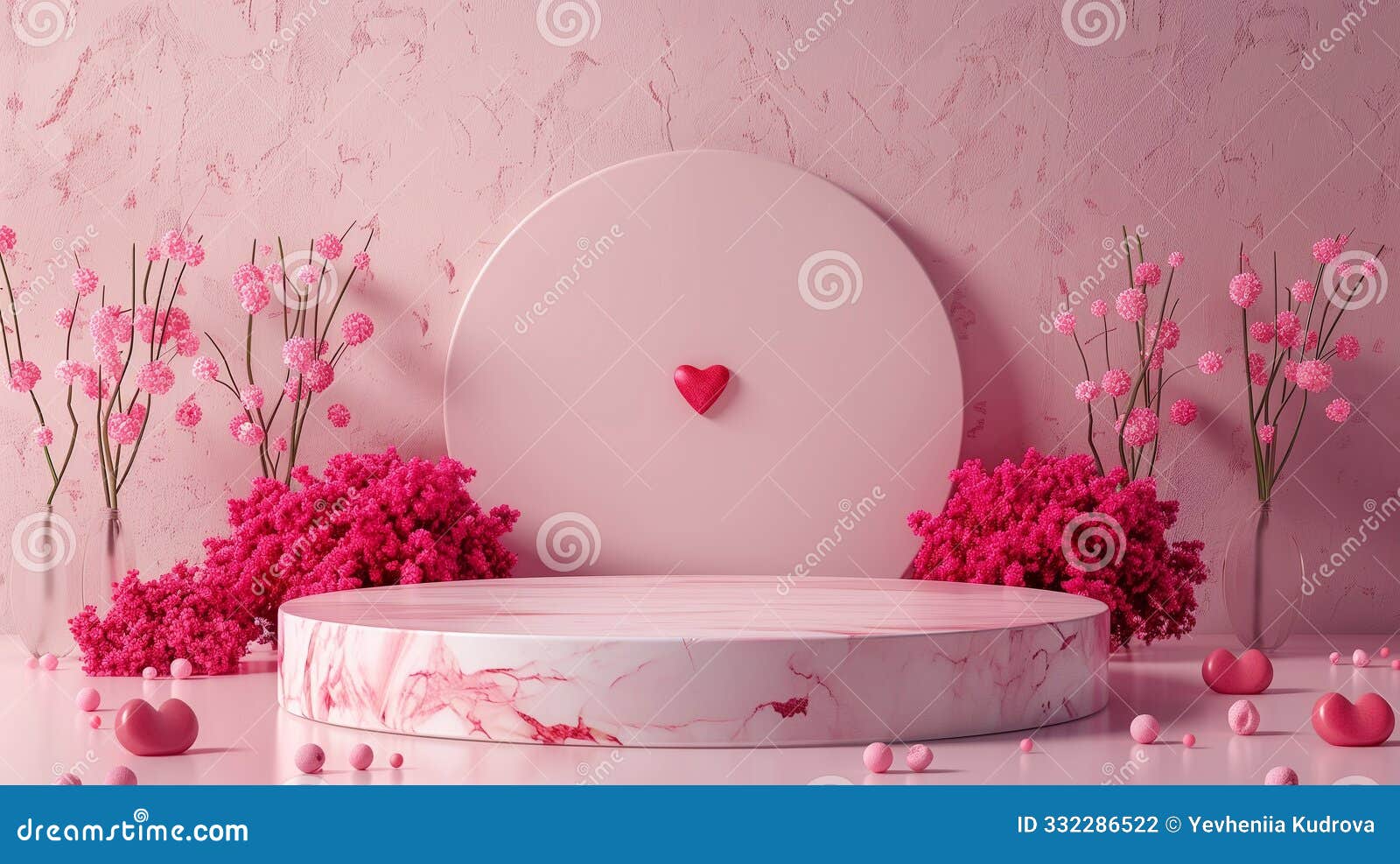 an empty product podium with copy space in valentine day's style with flowers and pink hearts. mock-up. generative ai
