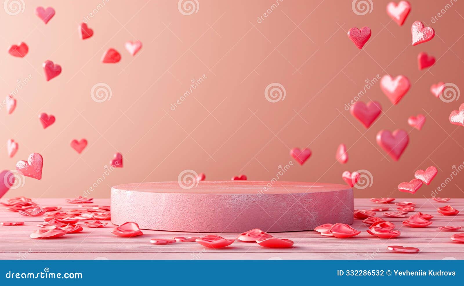 an empty product podium with copy space in valentine day's style with pink hearts. product presentation. generative ai