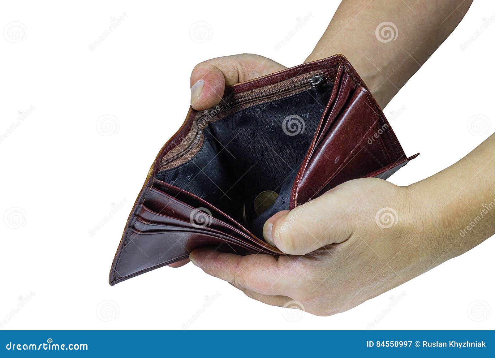 Empty purse in his hands stock image. Image of open, economic 84550997