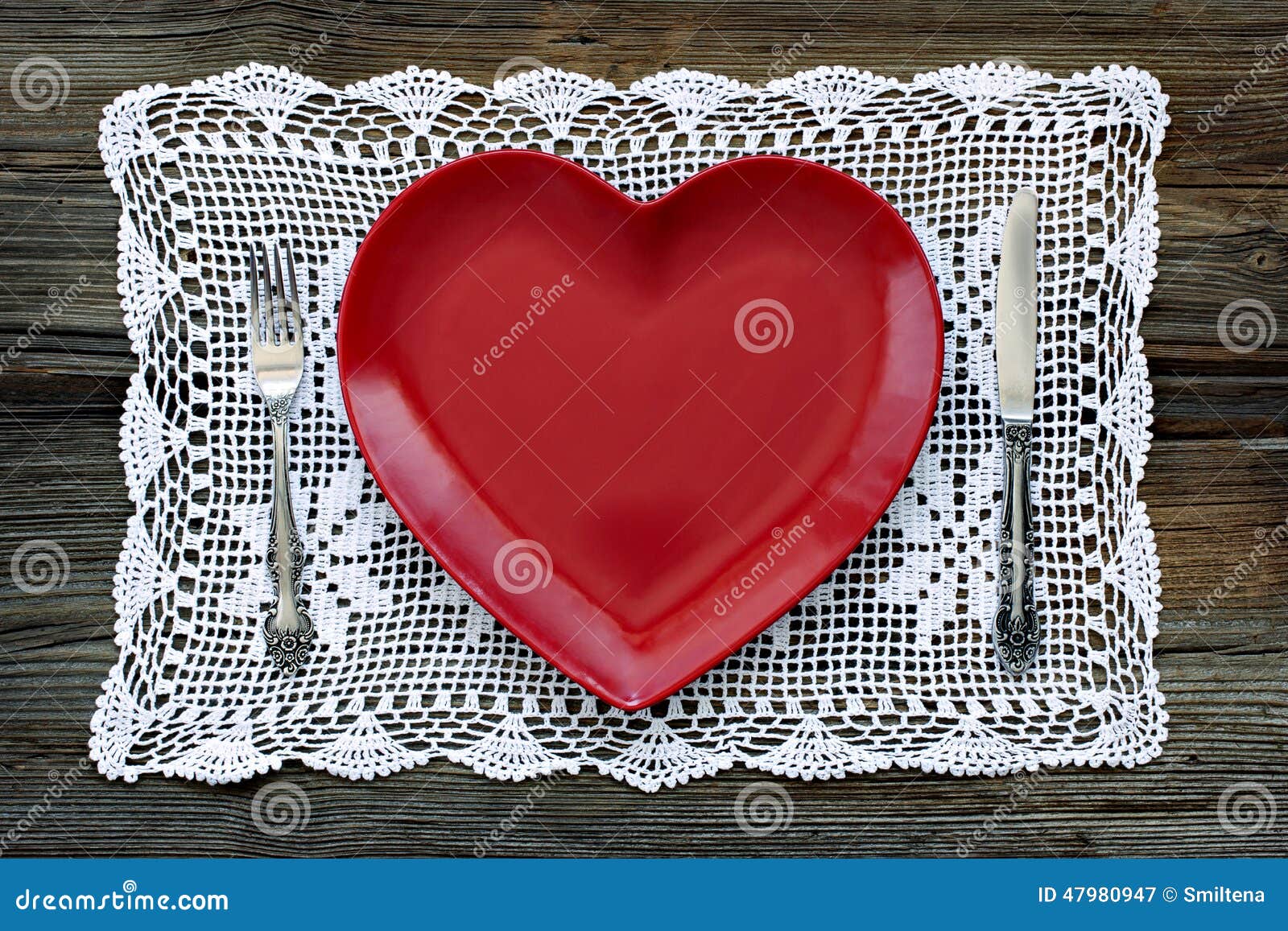 Empty Red Heart Shaped Plates with Fork and Knife Stock Image Image
