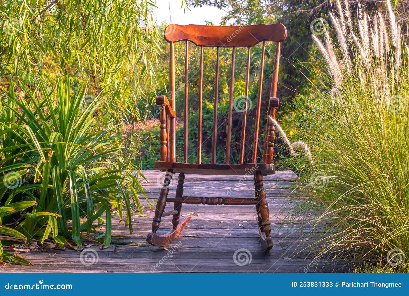 Empty Rocking Chair in Garden at Summer Sunset Stock Image Image of