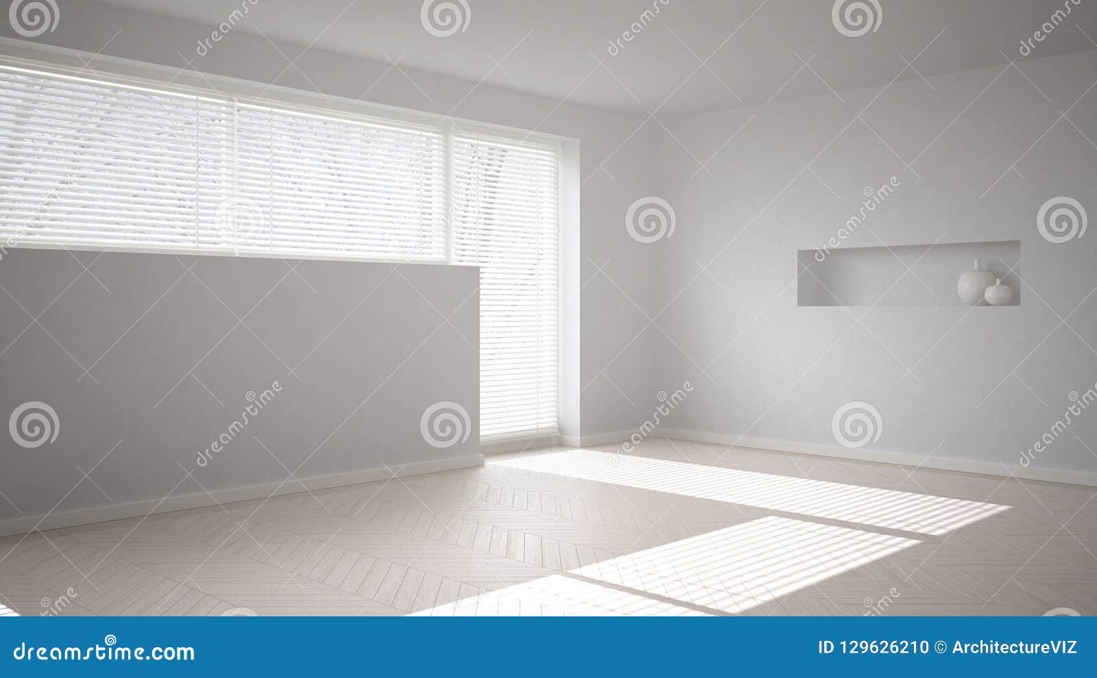 Empty Room Background With Herringbone Parquet And Big Window With