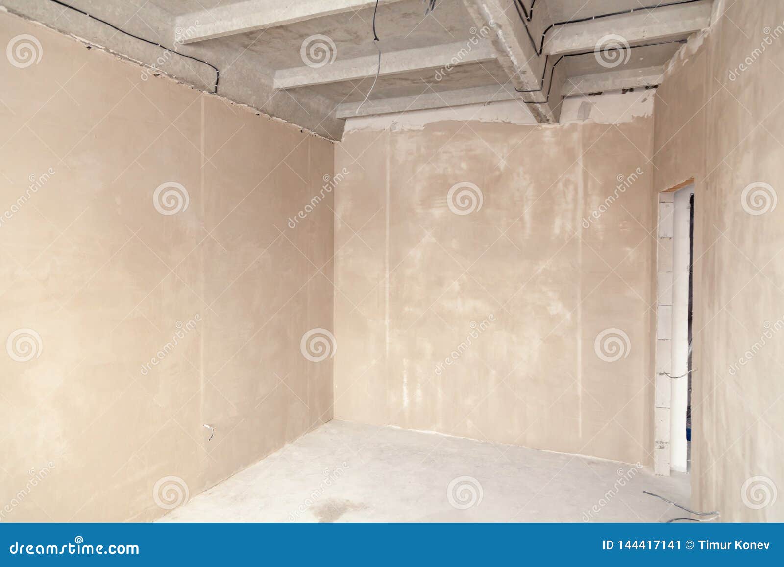 Empty Room In A House Under Construction Plastered Walls Screed