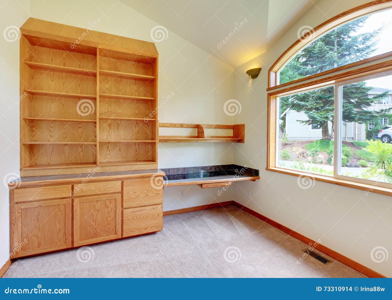 Empty Room Interior With Beige Carpet Cabinet And Large Window