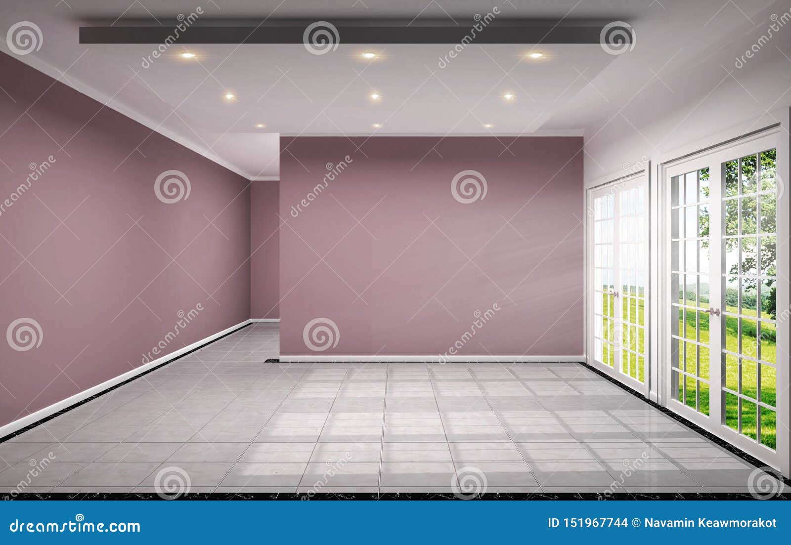 Empty Room Interior Design Has Pink Wall on Tile Design 3D Rendering