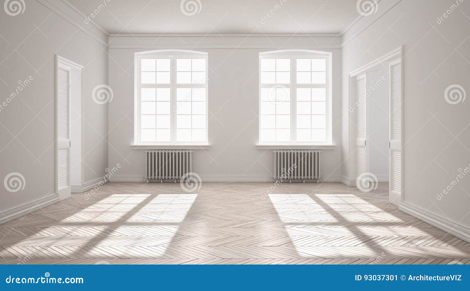 Empty Room With Parquet Floor Big Windows Doors And Radiators