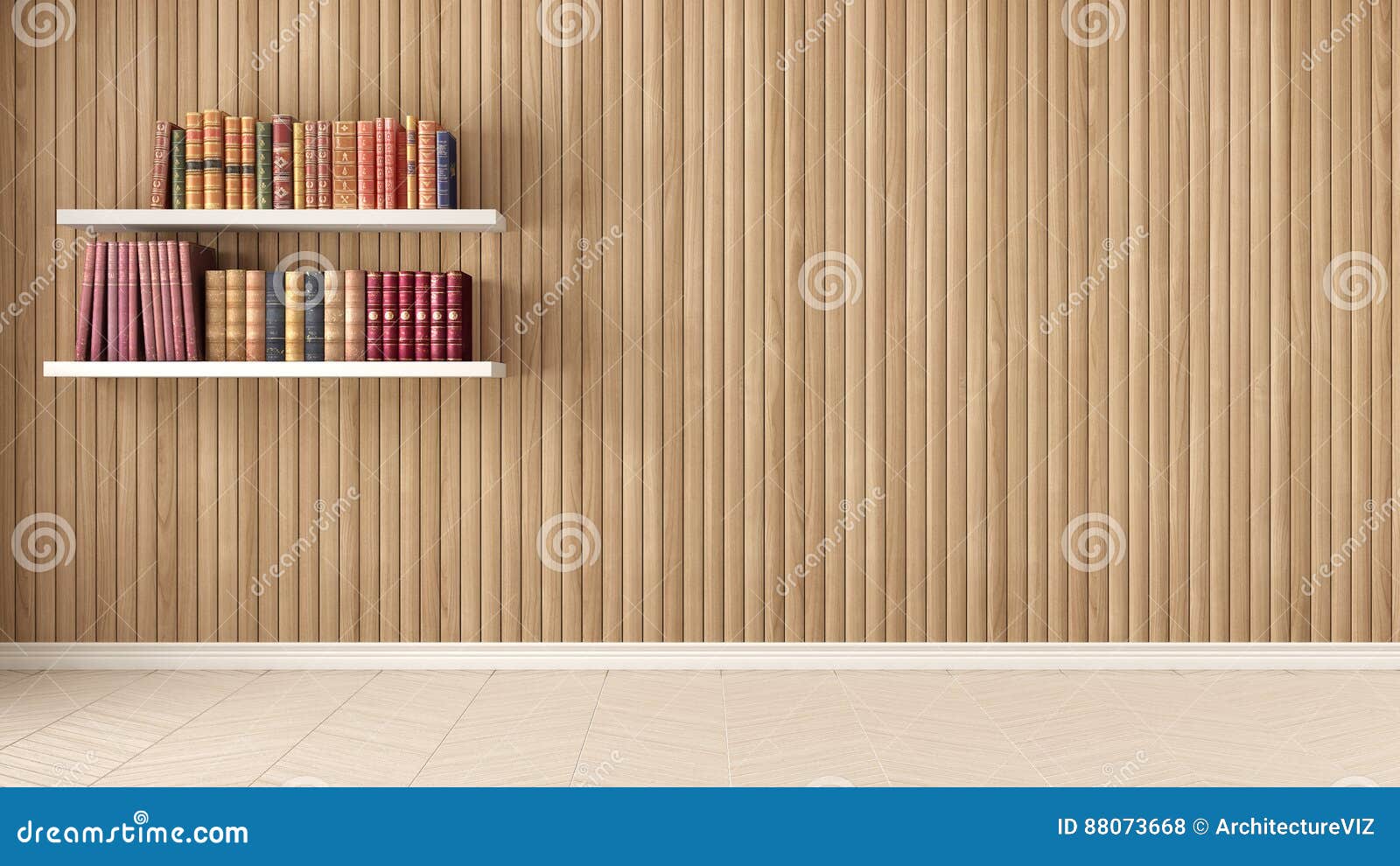 empty room, shelves with old books, herringbone parquet and wood