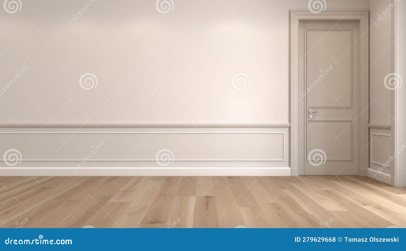 empty room with white wall and wooden floor. 3d rendering minimalistic style. baseboard, paneling, modling.