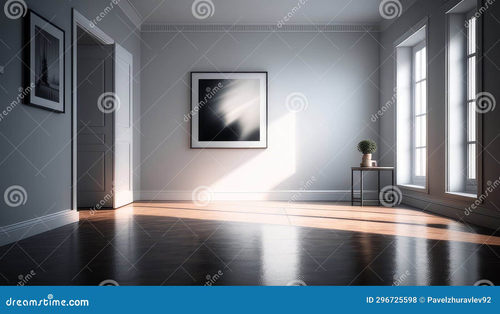 Empty Room with White Walls, Black Floor and Window. 3d Rendering Stock
