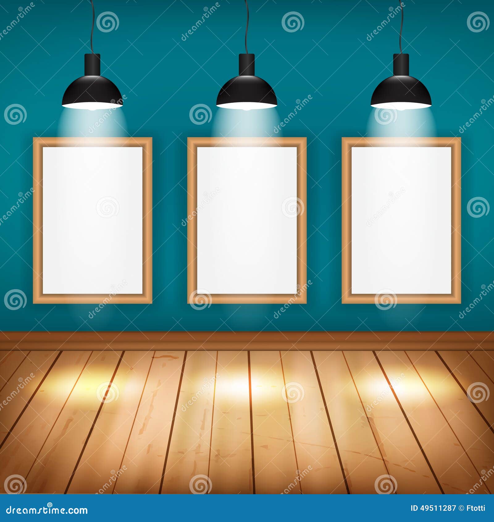 Empty Room with Wooden Floor, Frame and Lights Stock Vector