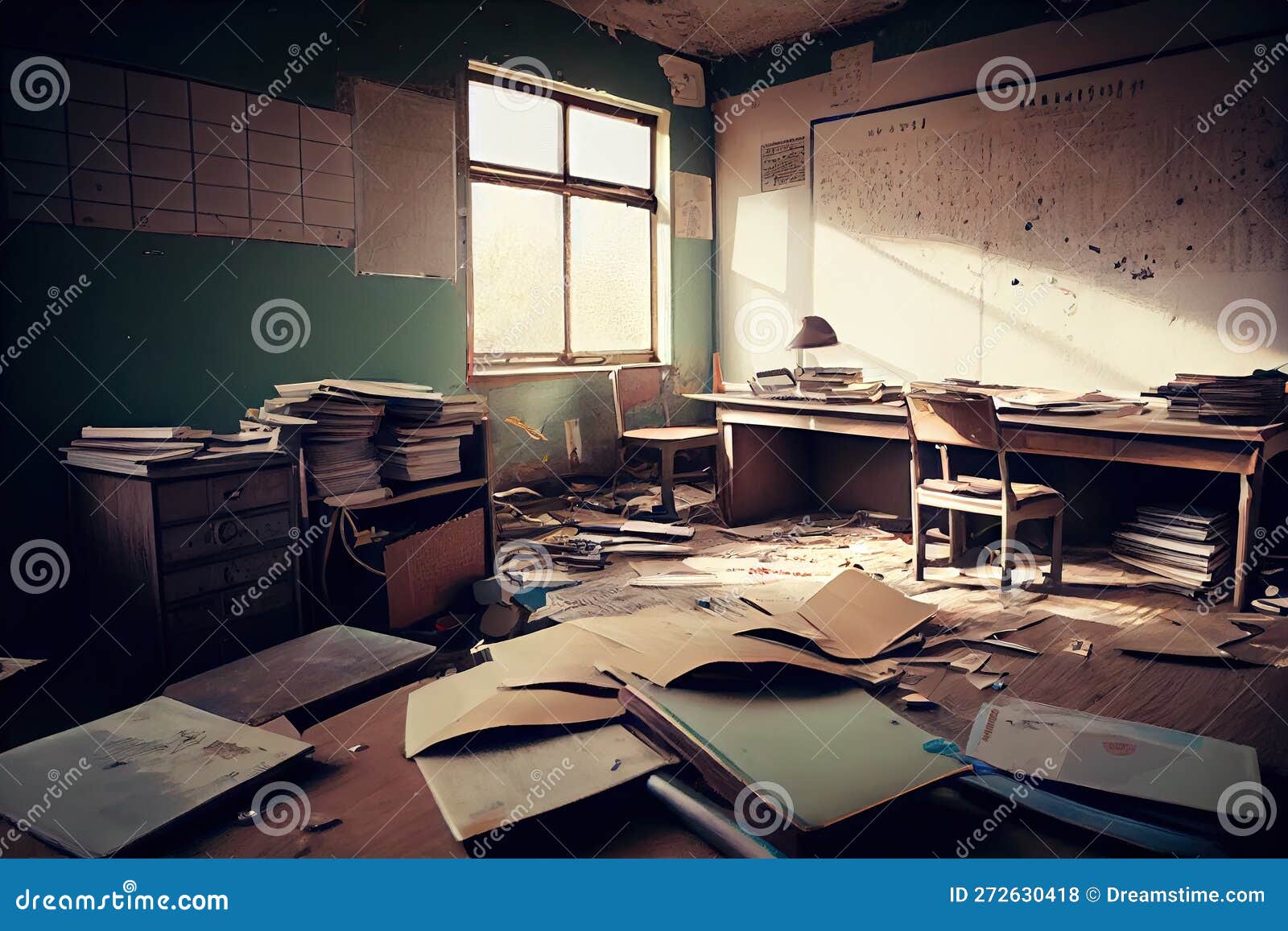 Empty School Classroom with Books, Papers, and Pens Scattered on Desks ...
