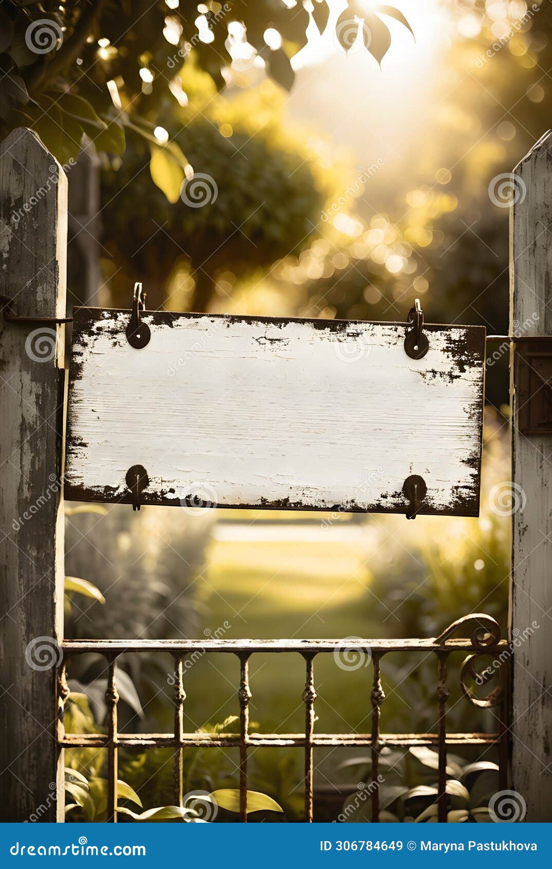 empty shabby wooden sign on rusty wrought iron gate