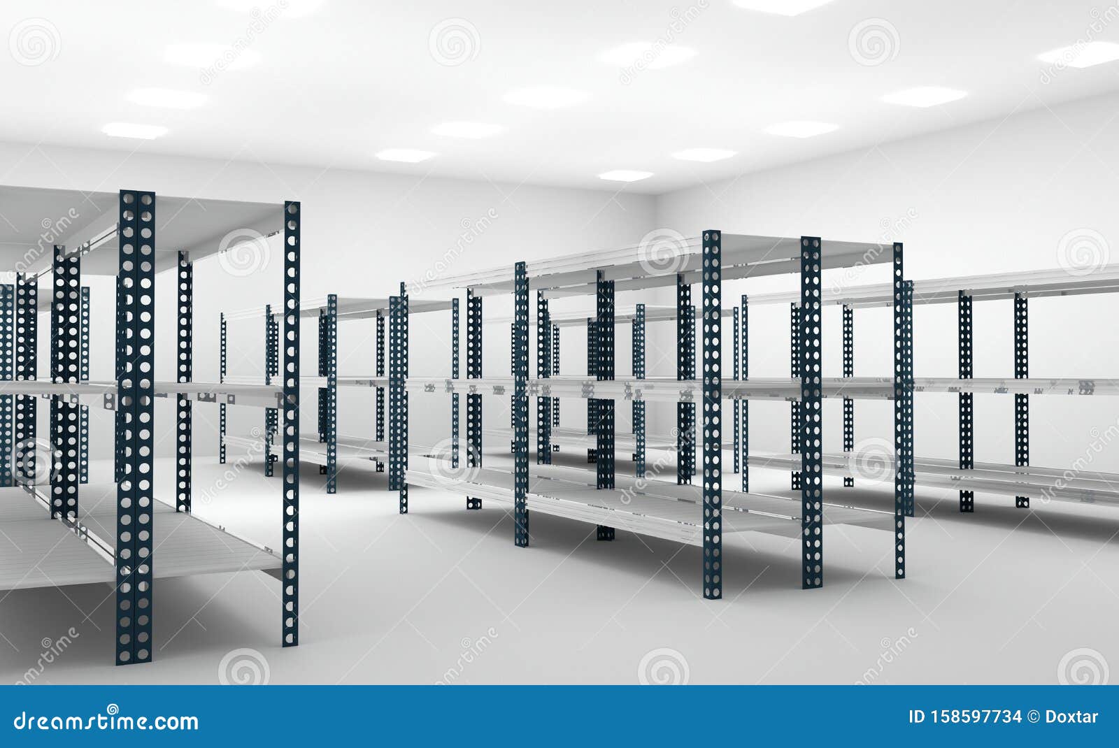 Empty Shelf Warehouse, 3d Render Illustration, Realistic Style Stock