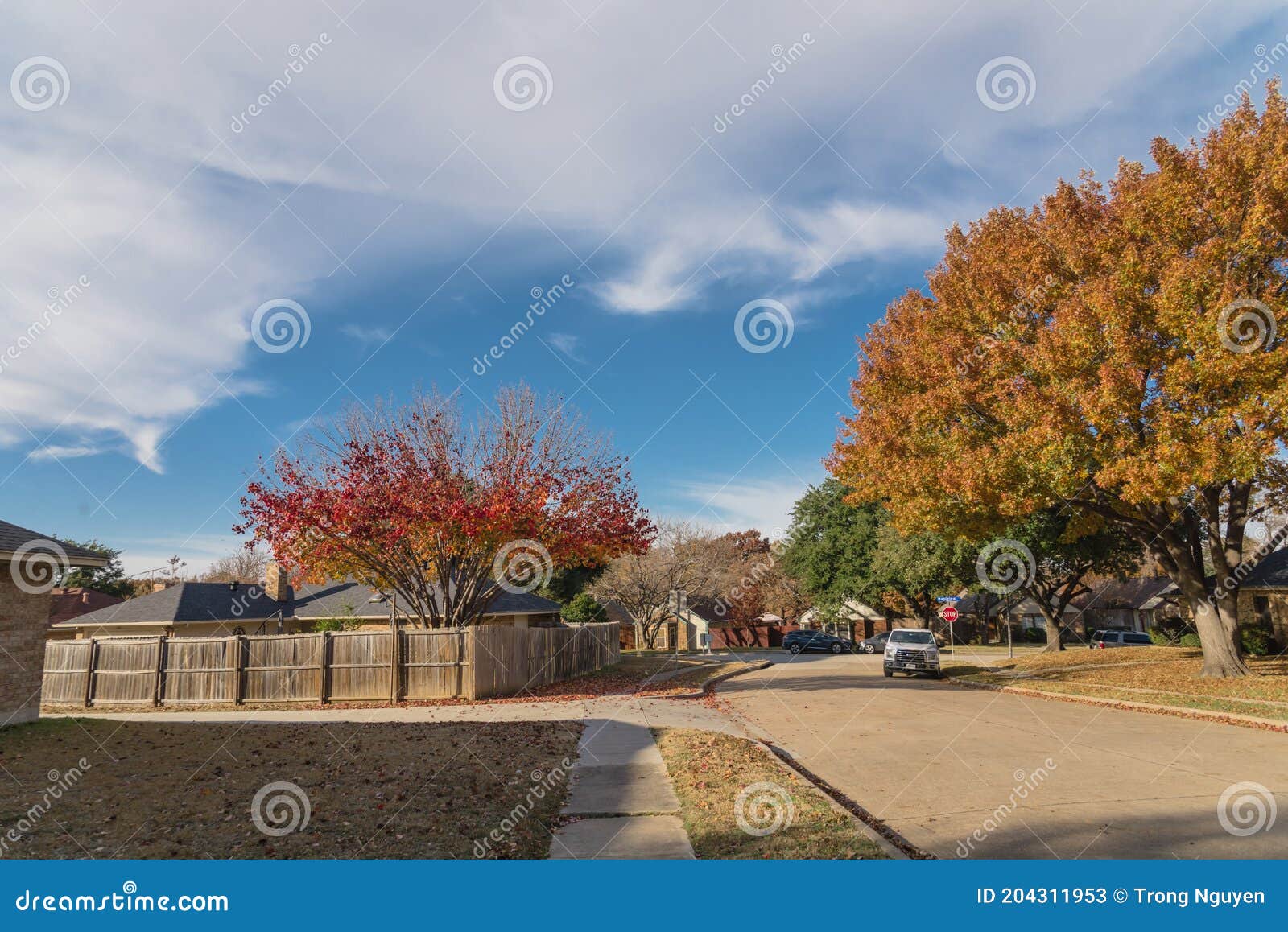 Empty sidewalk and quite neighborhood street with row of suburban house and colorful fall foliage in Texas, USA. Clean sidewalk and quite residential street with row of single family house and colorful fall foliage near Dallas, Texas, America. Sunny cloud blue sky in a beautiful autumn day