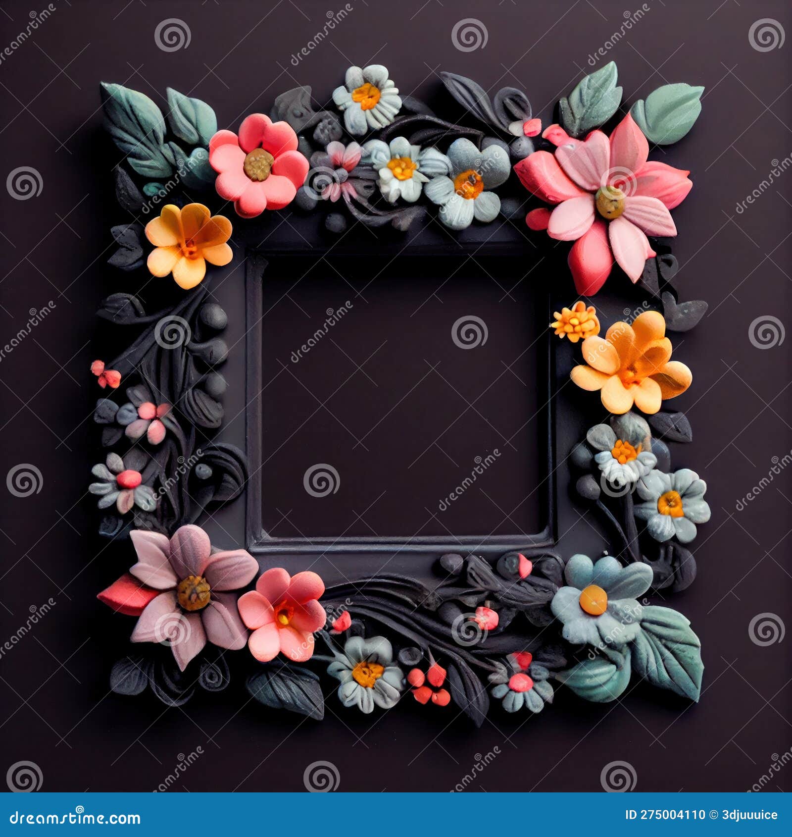 An Empty Square Frame Covered with Polymer Clay Flowers on Solid