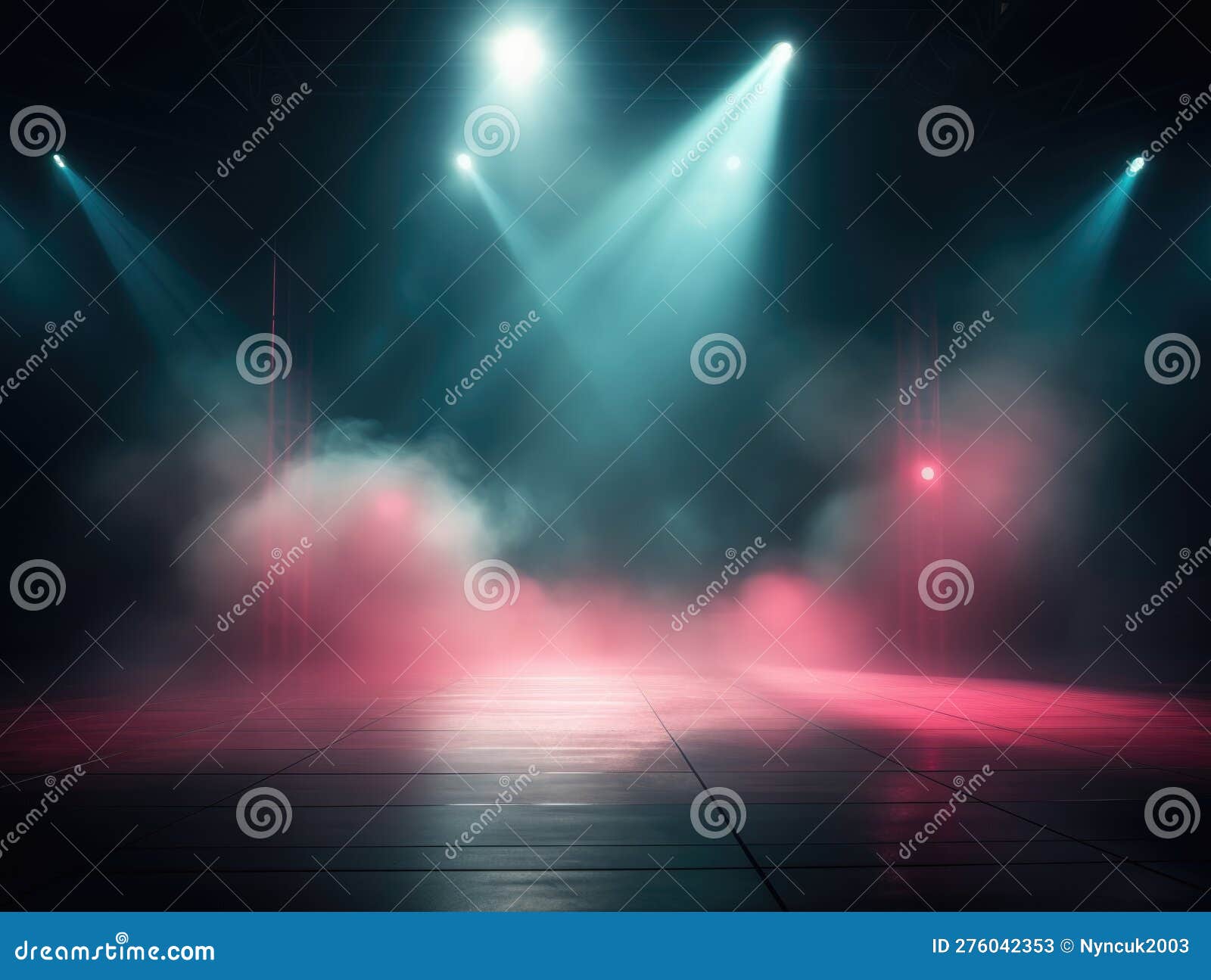 empty stage with a spotlight with fog clouds, photorealistic, white pink soft light
