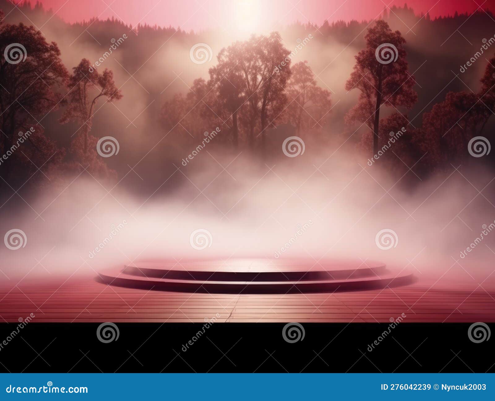 empty stage with a spotlight with fog clouds, photorealistic, soft pink light