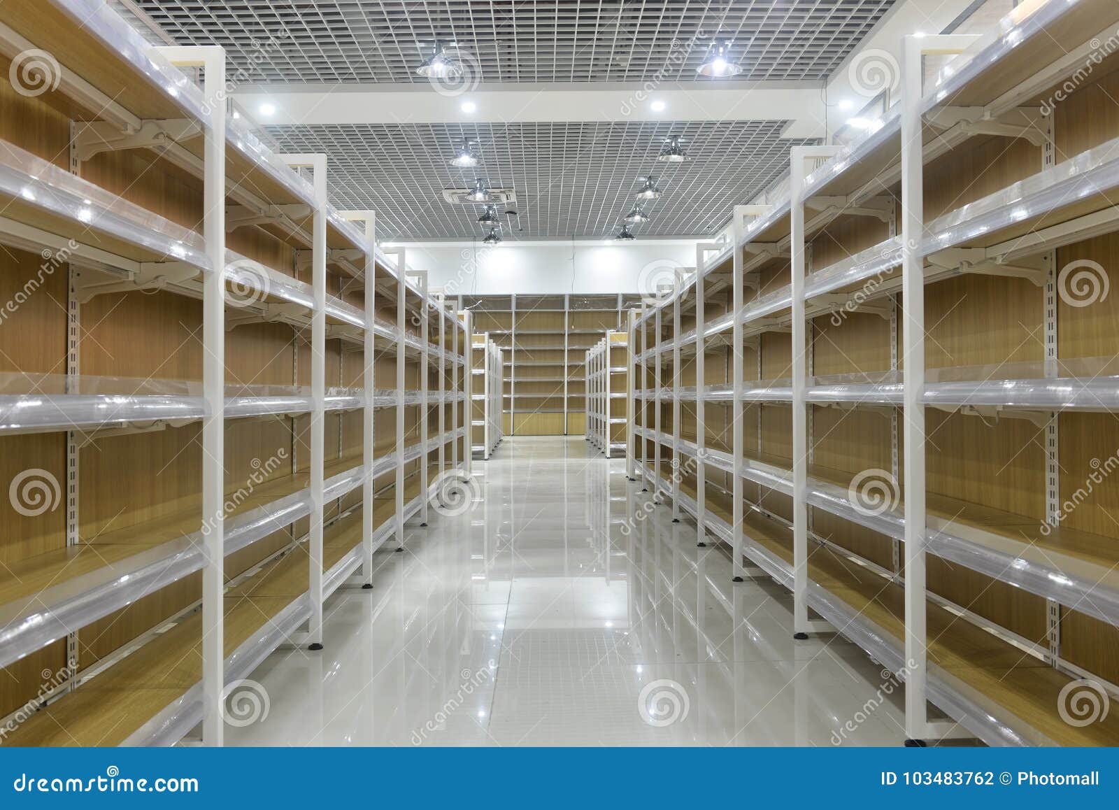 empty shelves of supermarket interior