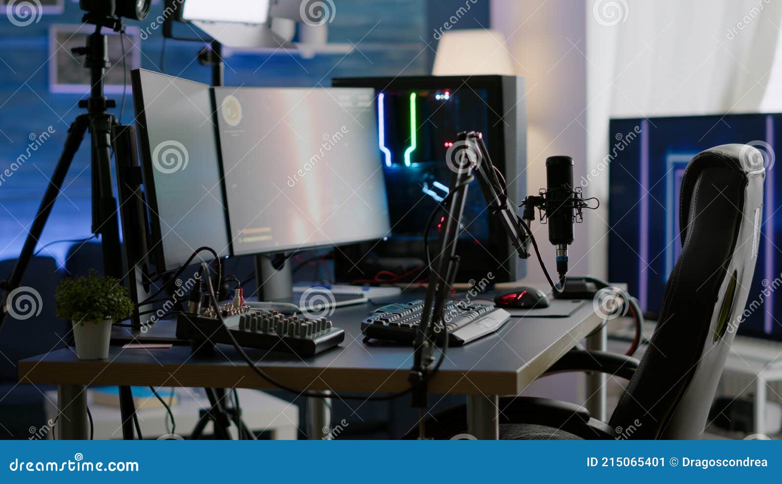 Empty Streaming Studio with RGB Led Lights Powerful Personal Computer ...