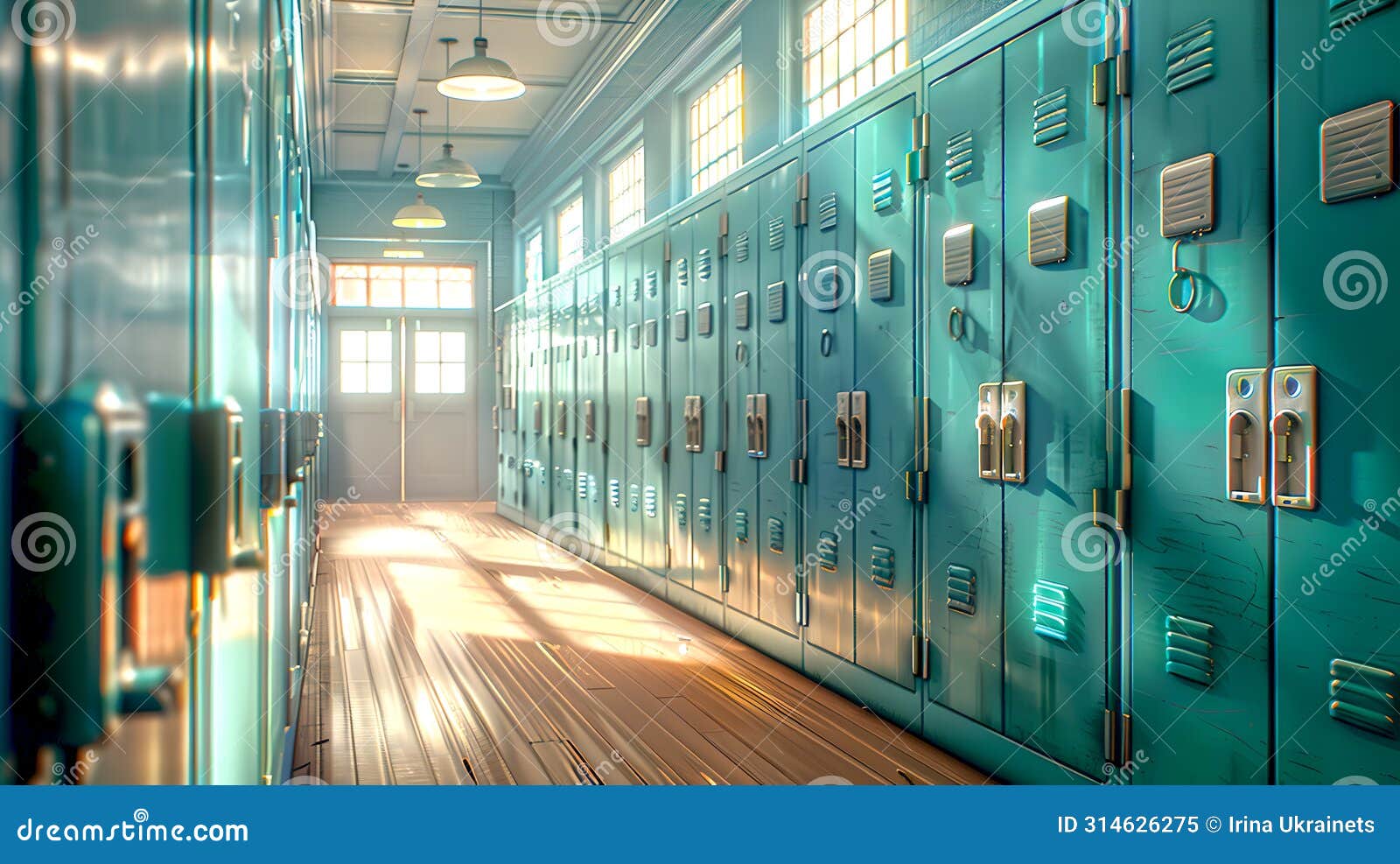 empty sunlit school corridor with rows of blue lockers. quiet educational ambience. high school hallway during off hours