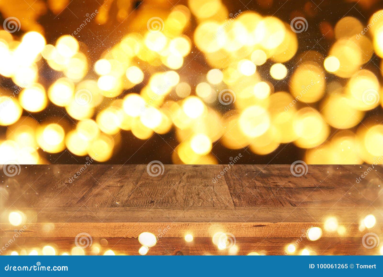 Empty Table in Front of Black and Gold Glitter Lights Background Stock ...