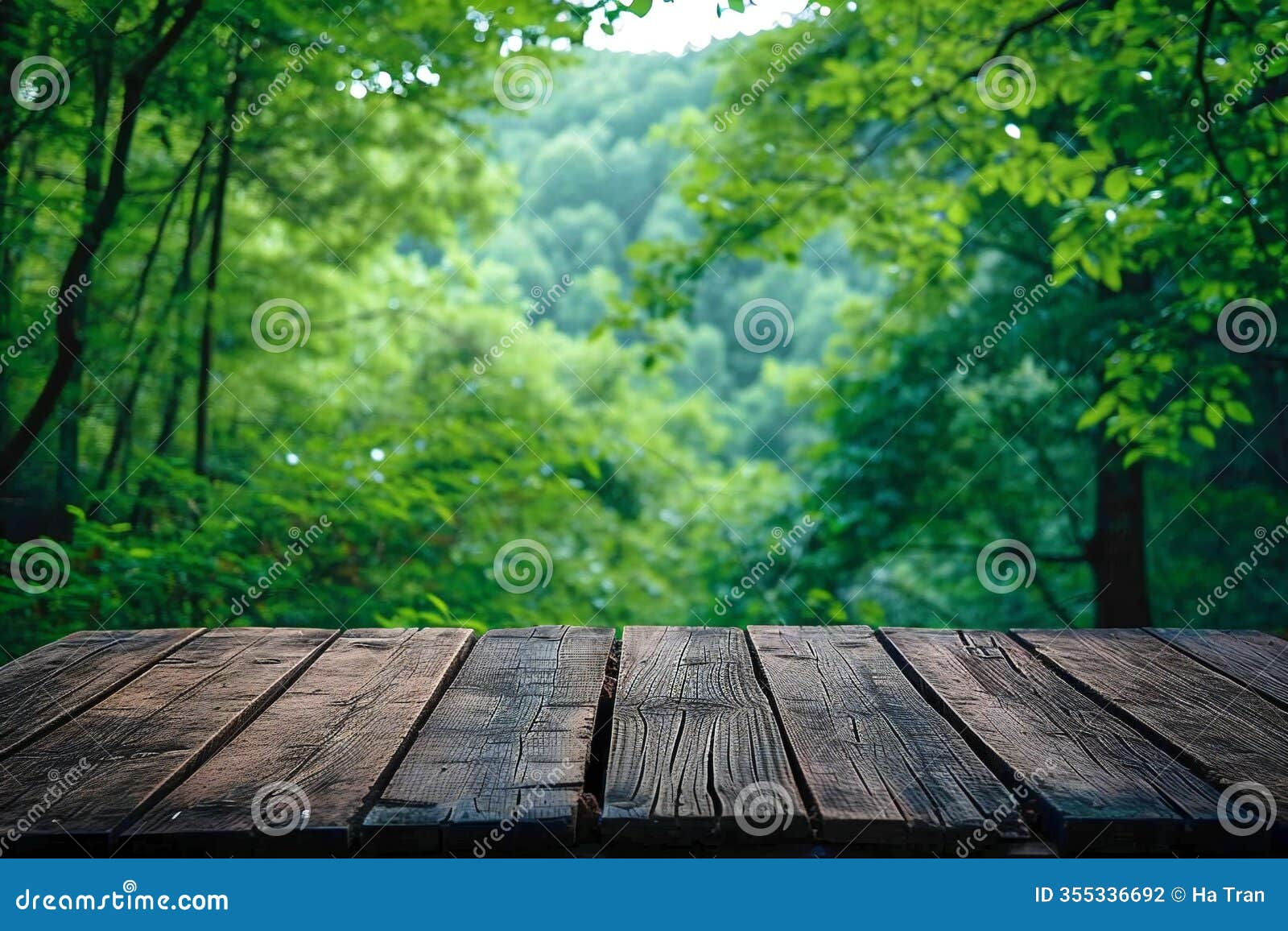 empty table for product display montages in the forest, nature background