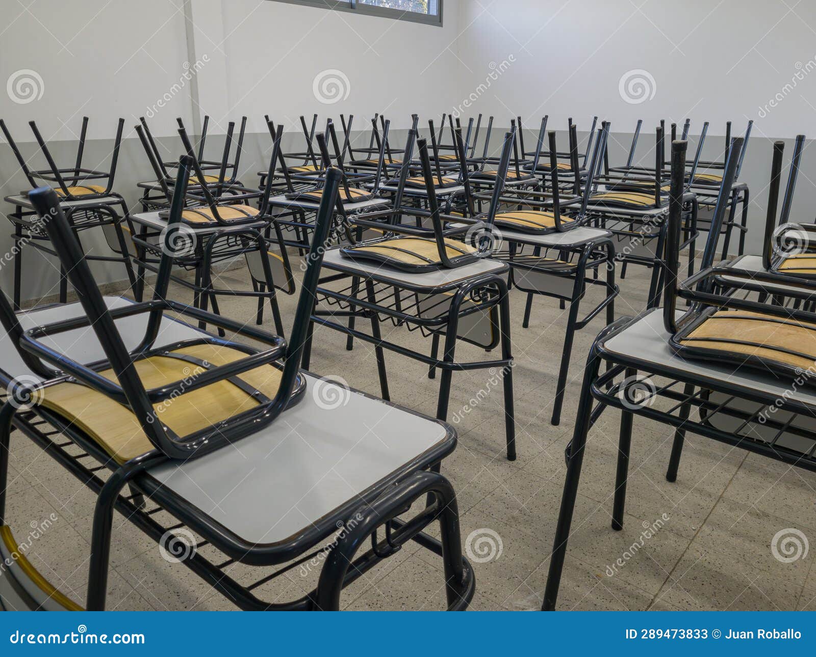 Empty Tables and Chairs in a School. Teacher Strike Concept Stock Image
