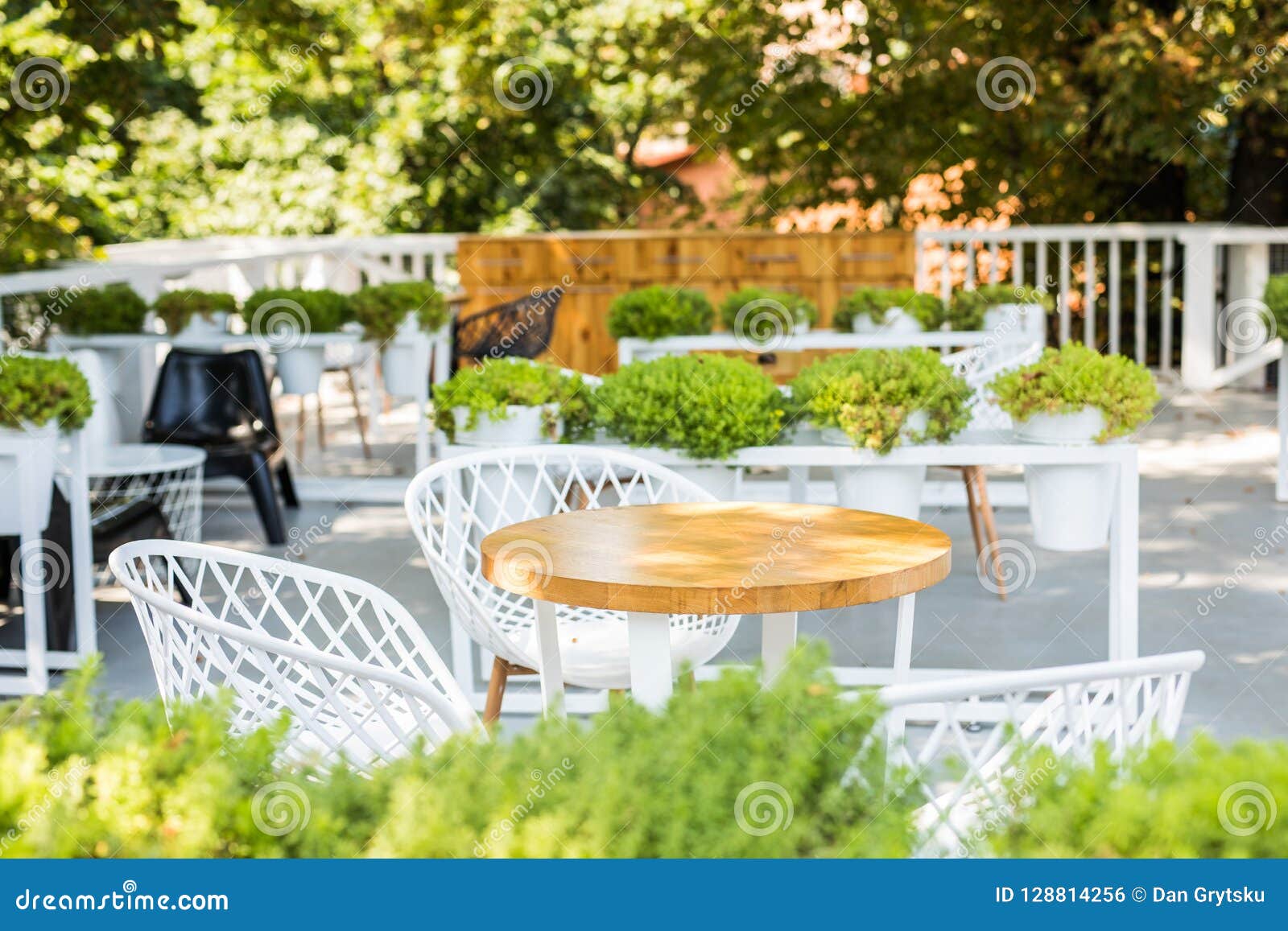 Empty Terrace Cafe Restaurant on Outdoor, Use for Background. Stock