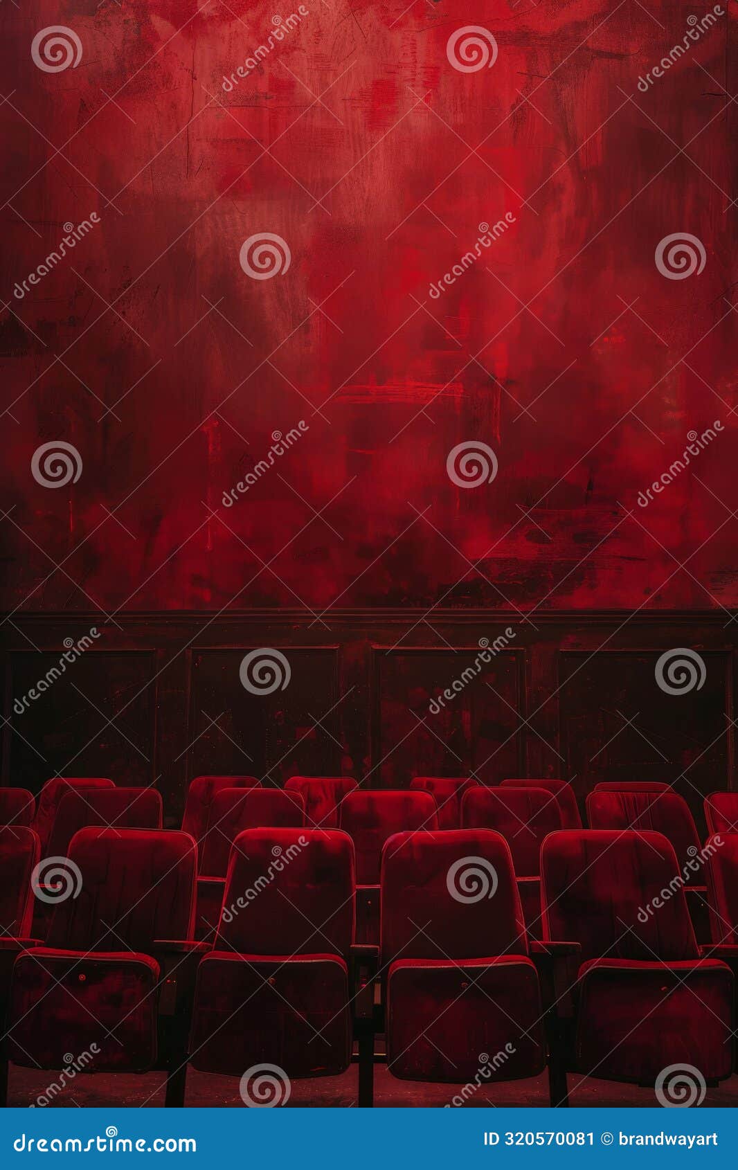 empty theater with red chairs and red wall