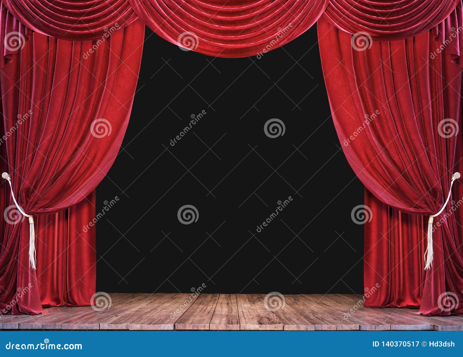 empty theater stage with wood plank floor and open red curtains