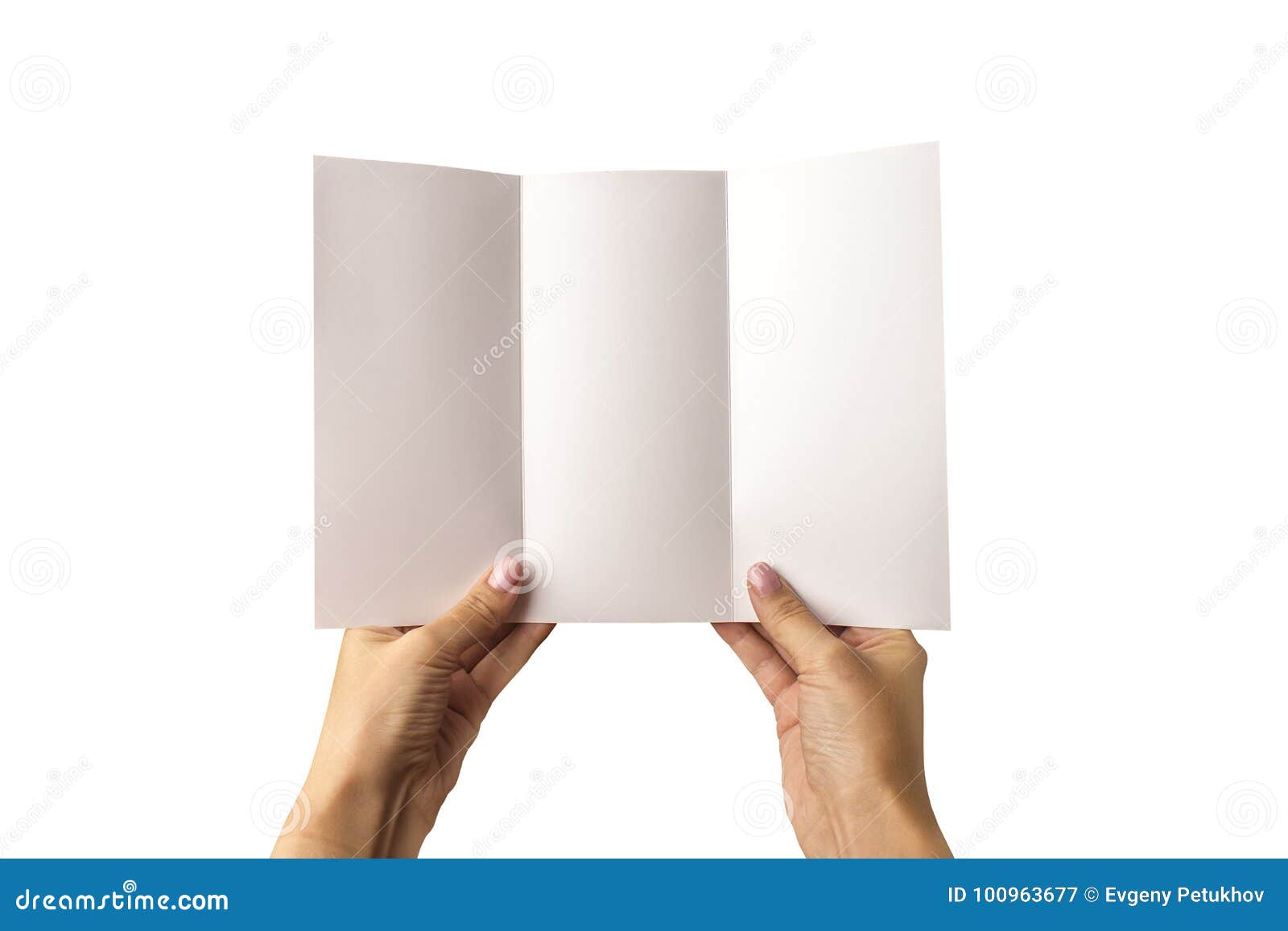 an empty three-fold pamphlet in hand. on a white background. a model for identifying the brand for ers.