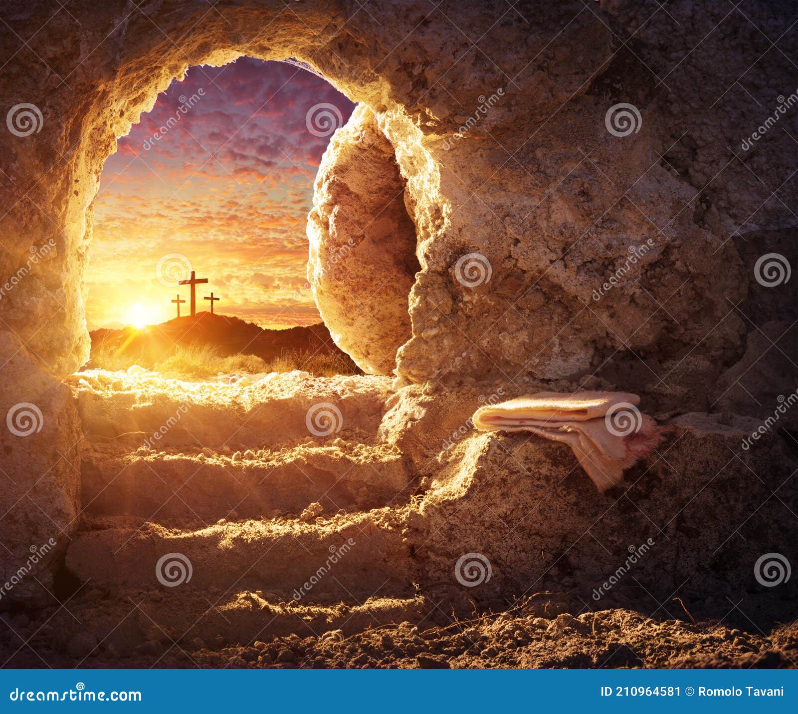empty tomb with crucifixion at sunrise