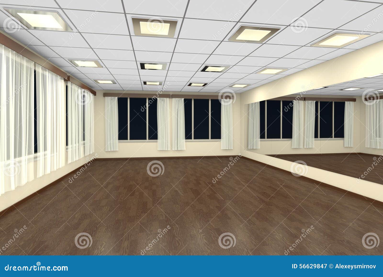 Empty Training Dance Hall At Night With Yellow Walls And Dark