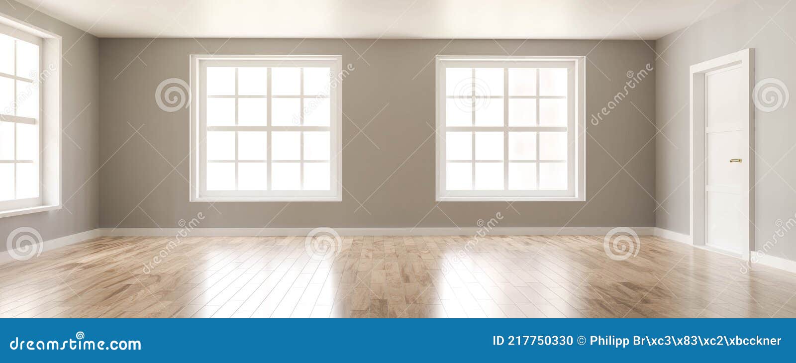 Empty Vintage Living Room Interior With Big Windows And Wooden Floor 3d