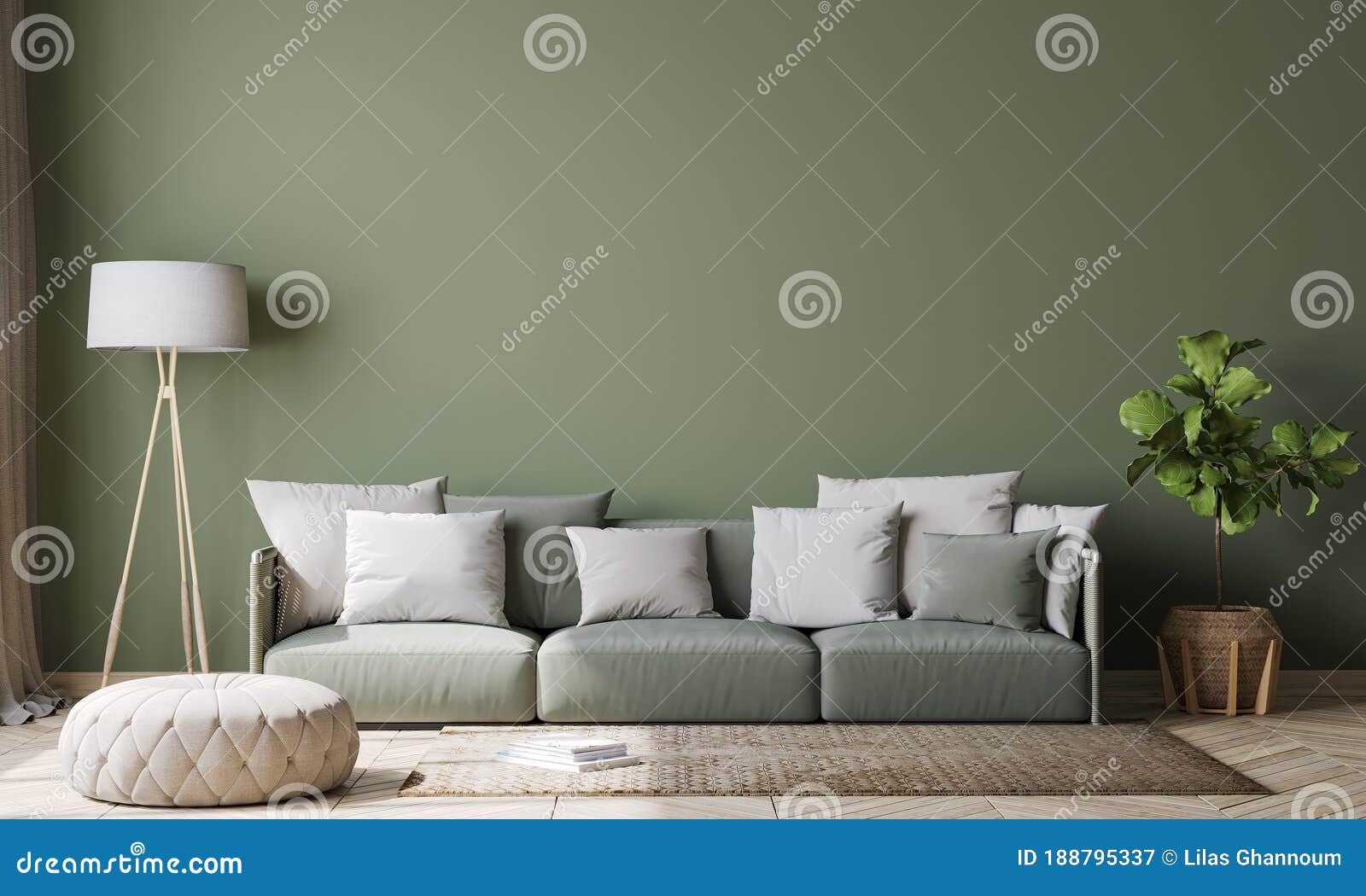 empty wall interior  in modern living room mock-up , green armchair with white cushions scandinavian style