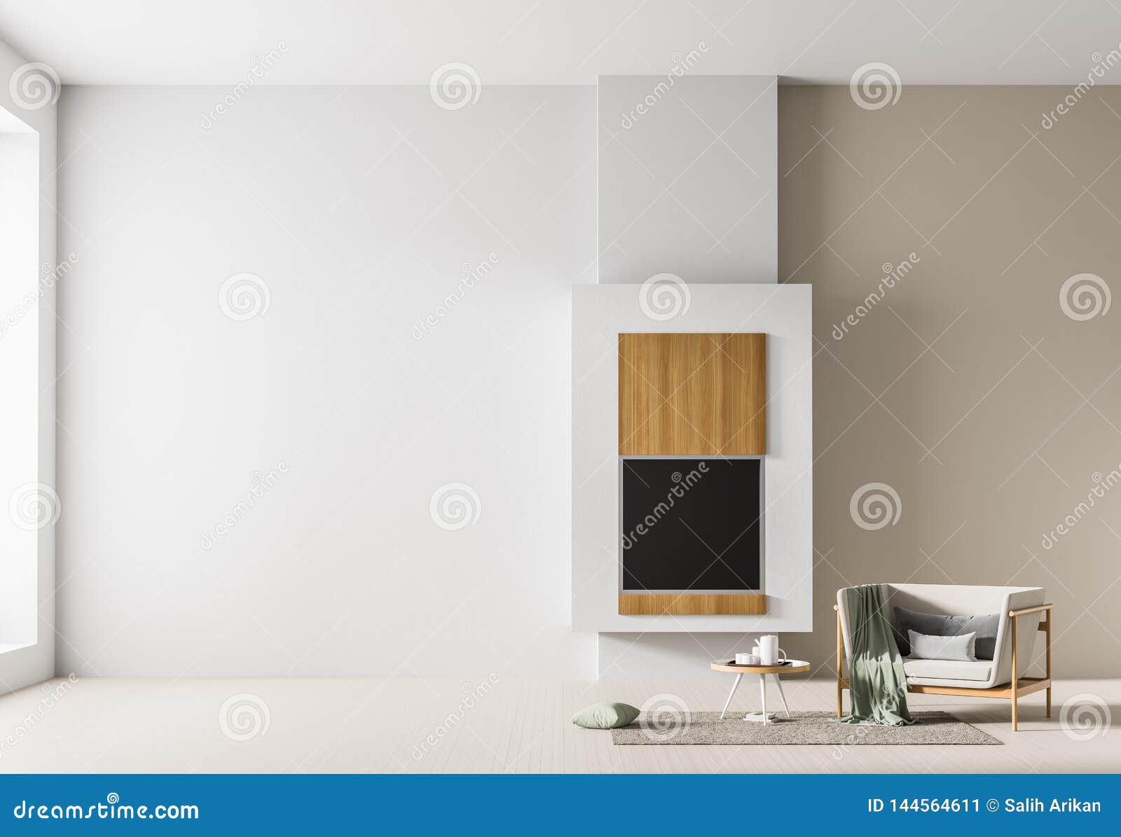 Download Empty Wall Mock Up In Scandinavian Interior With Fireplace. Minimalist Interior Design. 3D ...