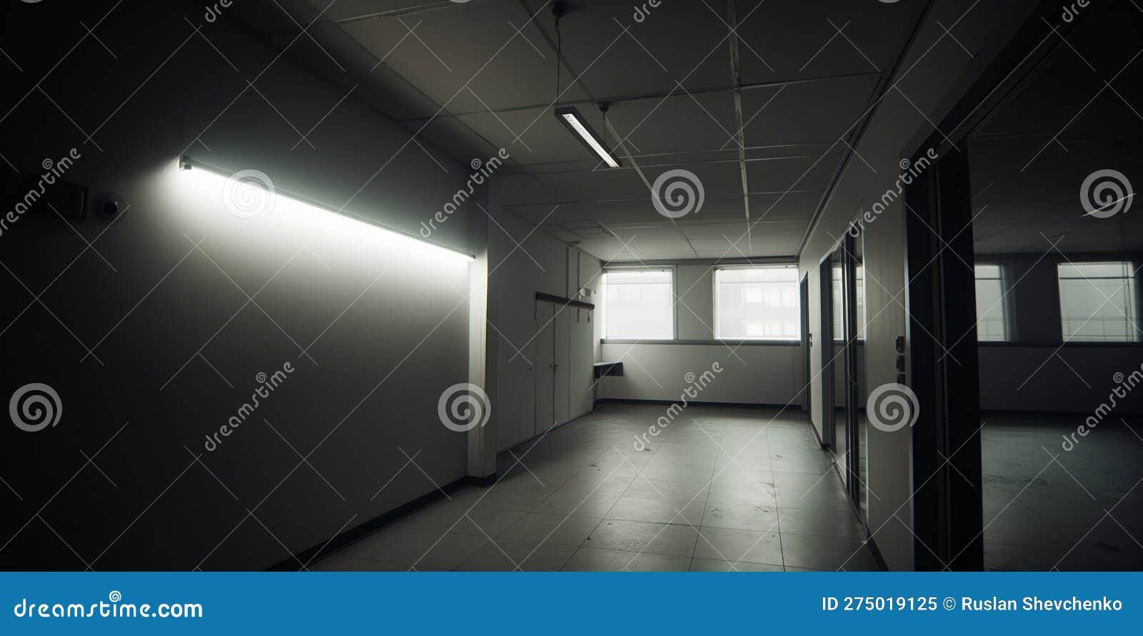 empty white concrete hall interior with artificial and daylight and reflections on floor. empty office. copy space for