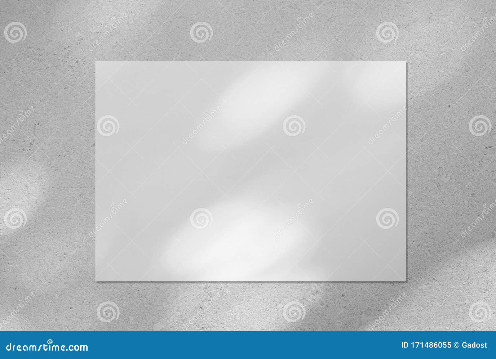 empty white horizontal rectangle poster mockup with diagonal window shadow on the wall