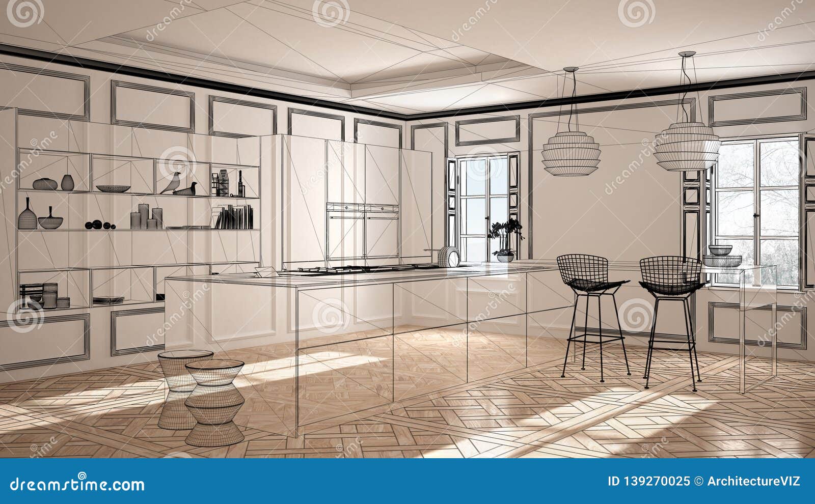 Empty White Interior With Parquet Floor And Stucco Walls