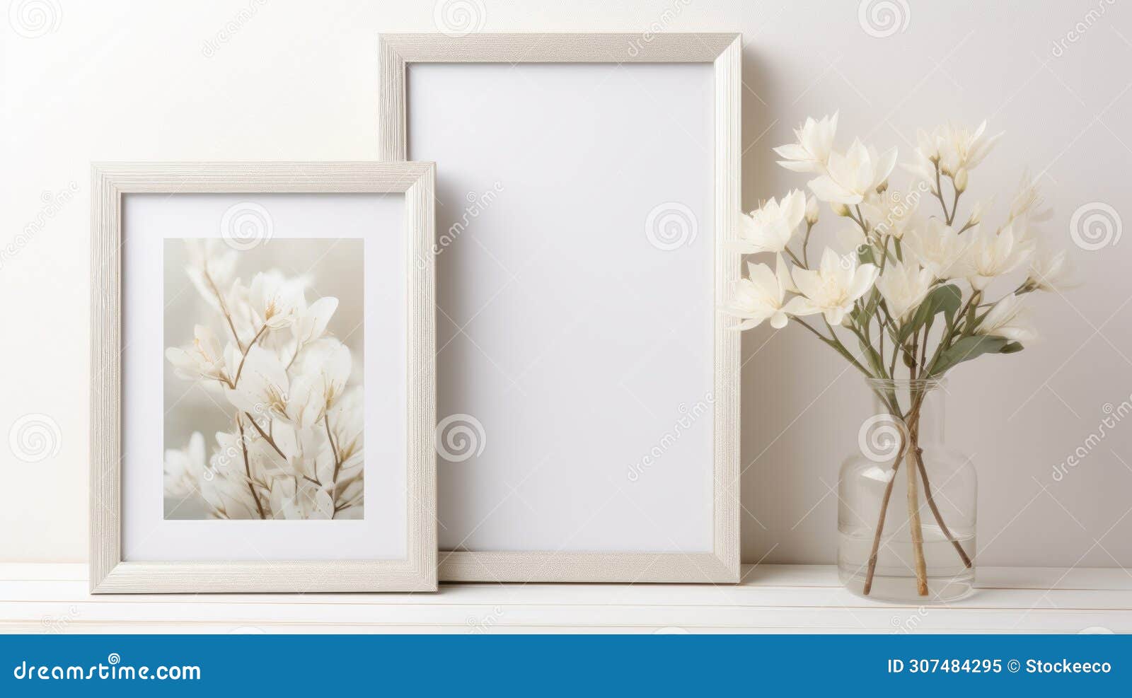cream frame on silver: aesthetic mockup with white flowers