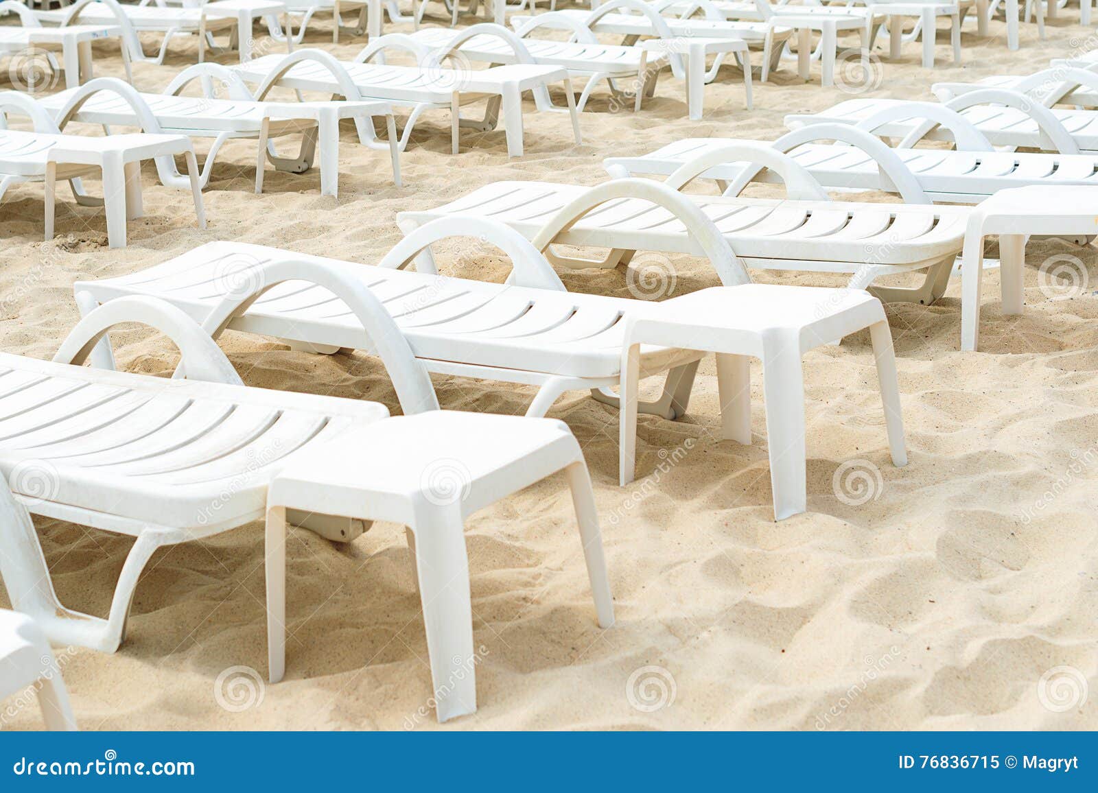 Empty White Plastic Deck Chairs on Sandy Beach. Stock Image Image of