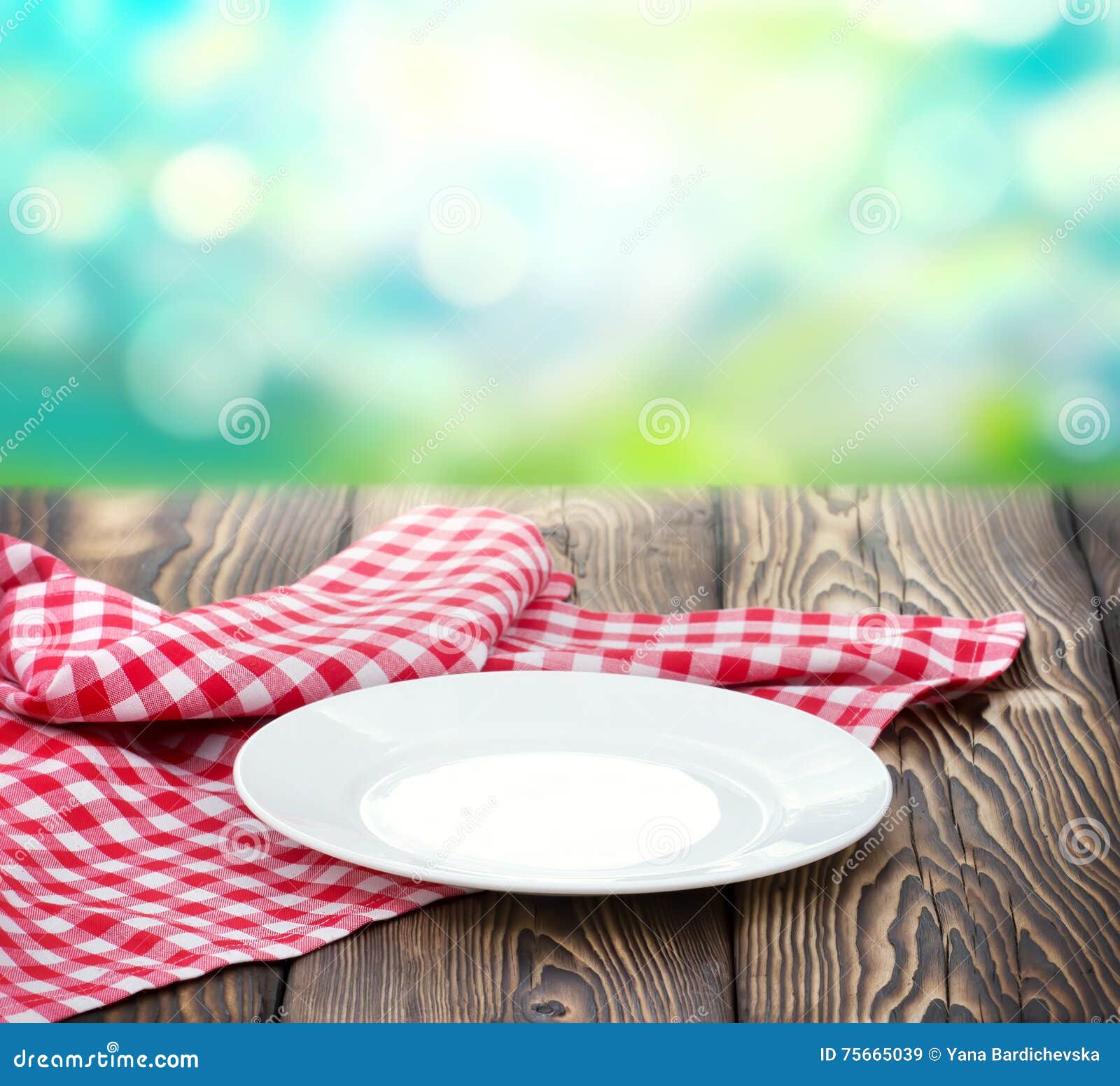 Empty White Plate On Wood Nature Blur Background. Stock ...