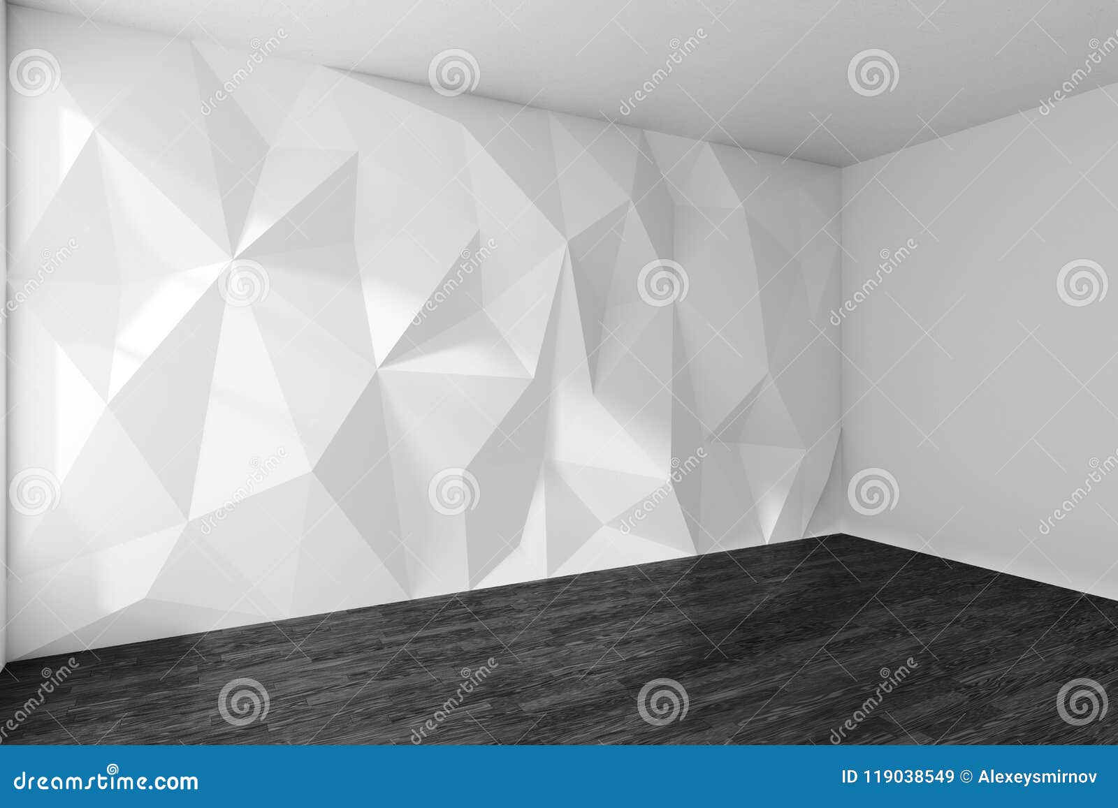 White Room Corner With Rumpled Wall And Black Parquet Floor Stock