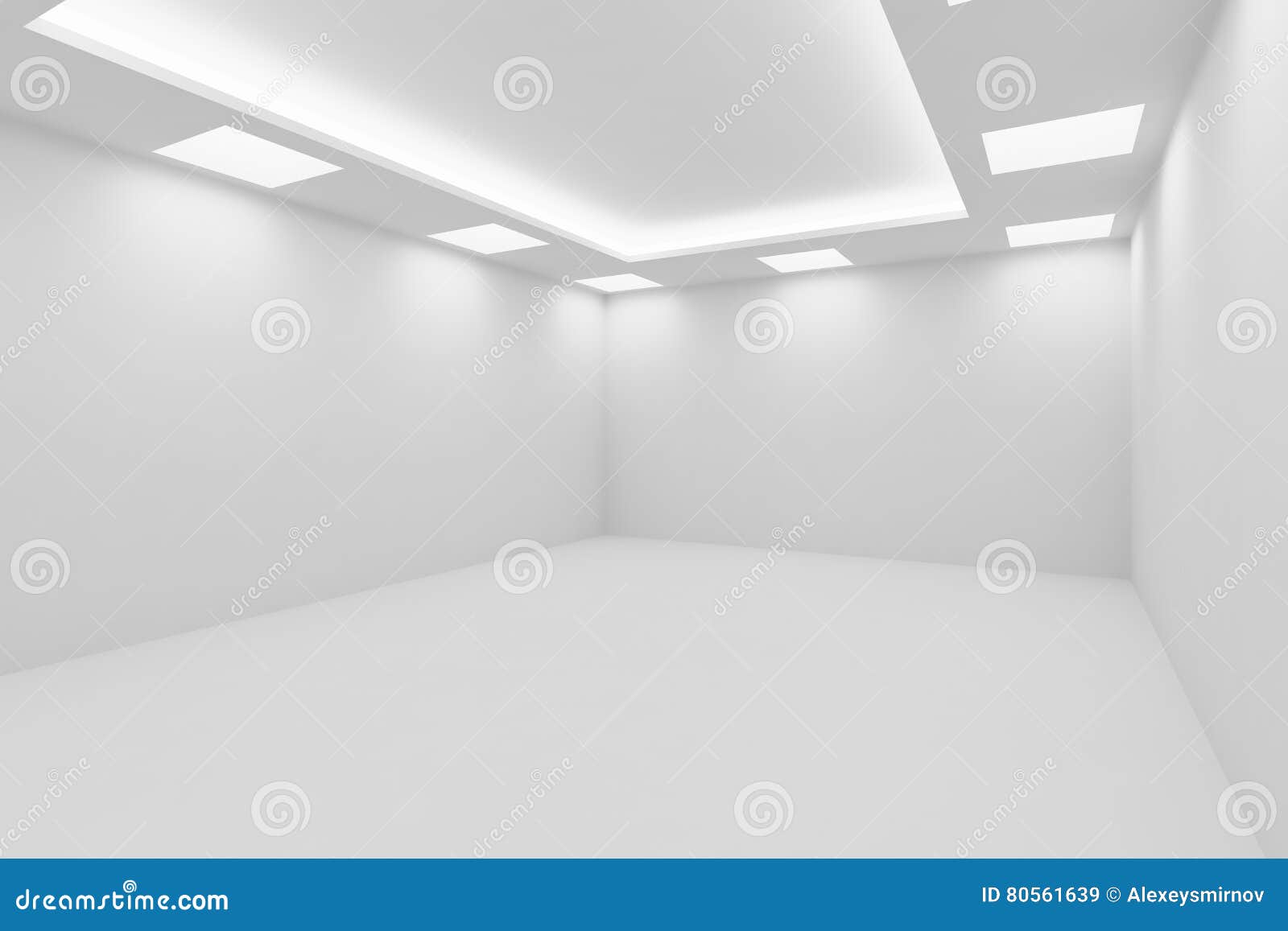 Empty White Room With Square Ceiling Lights View From Corner Stock